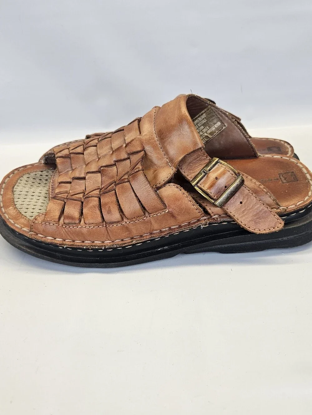 Vintage Y2k Brown Leather Chunky Sandals Basket Weave Mens 9 Slip On Slide